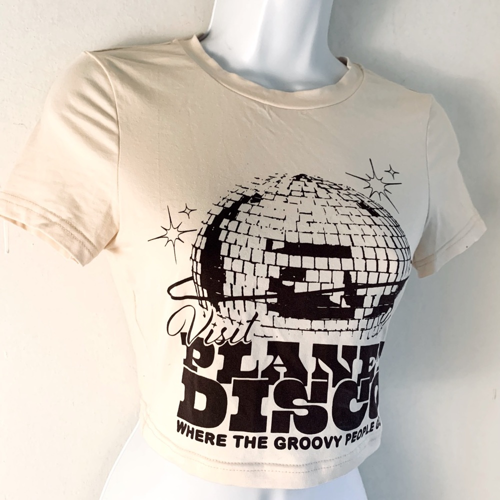 Planet Disco Cropped Tee XS Cream Brown Cotton Elastane Blend NWOT
